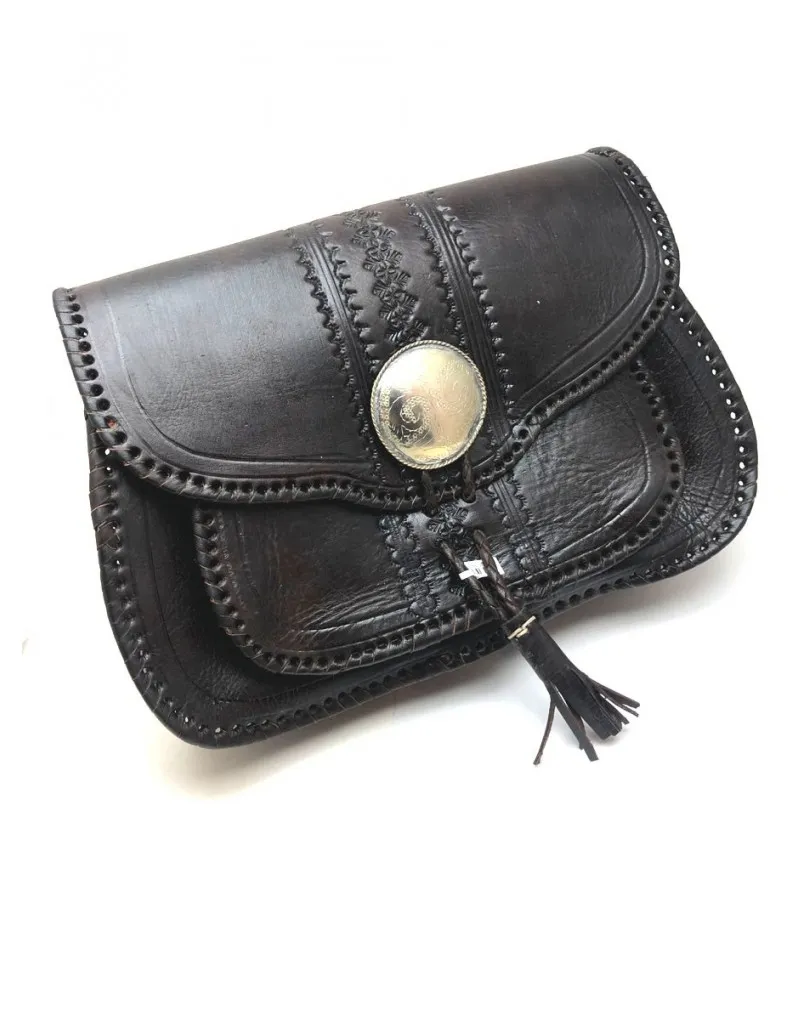 BOLSOS PIEL HECHOS A MANO DECORADO CON ROSETON PLATEADO