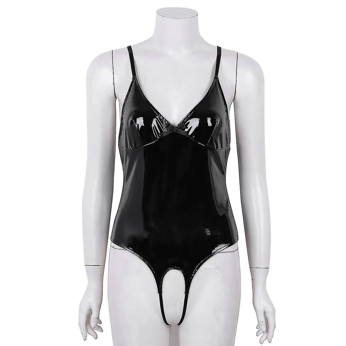 Lencería para mujer Body Suit Femme Open Crotch Wetlook Costumes Correas de cuero Crotchless Sissy Clubwear Bodysuit Catsuit