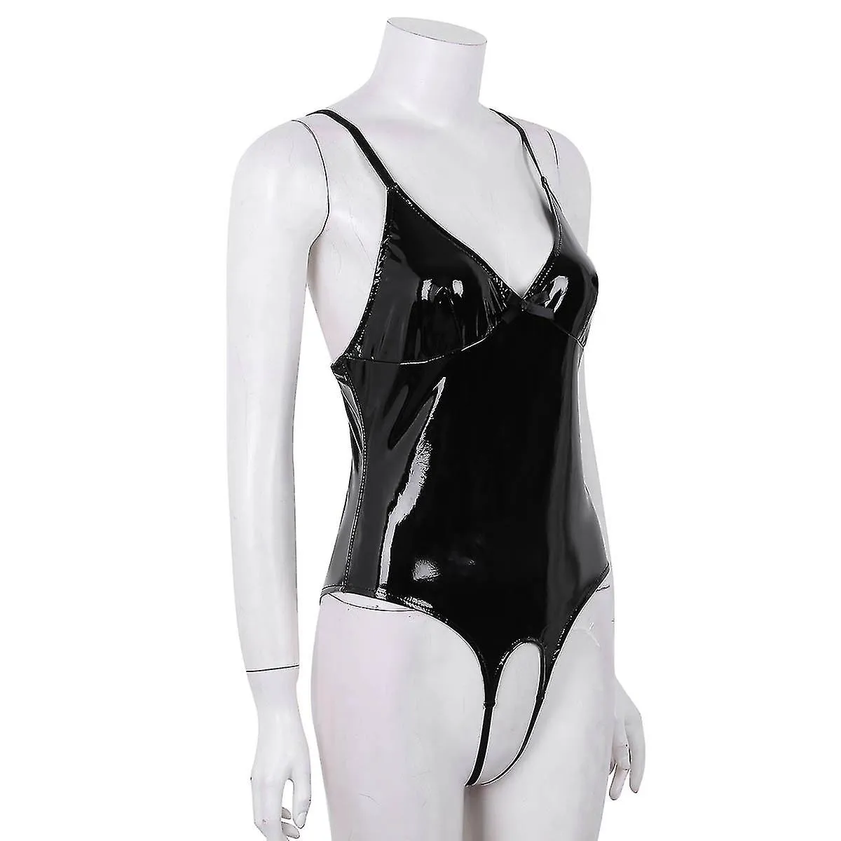 Lencería para mujer Body Suit Femme Open Crotch Wetlook Costumes Correas de cuero Crotchless Sissy Clubwear Bodysuit Catsuit