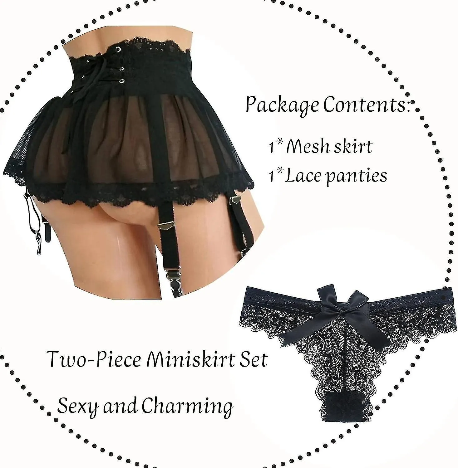 Mini falda de tirantes en Y para mujer con bragas, mini Dr Lingerie con cordones de malla transparente Ropa interior de lencería