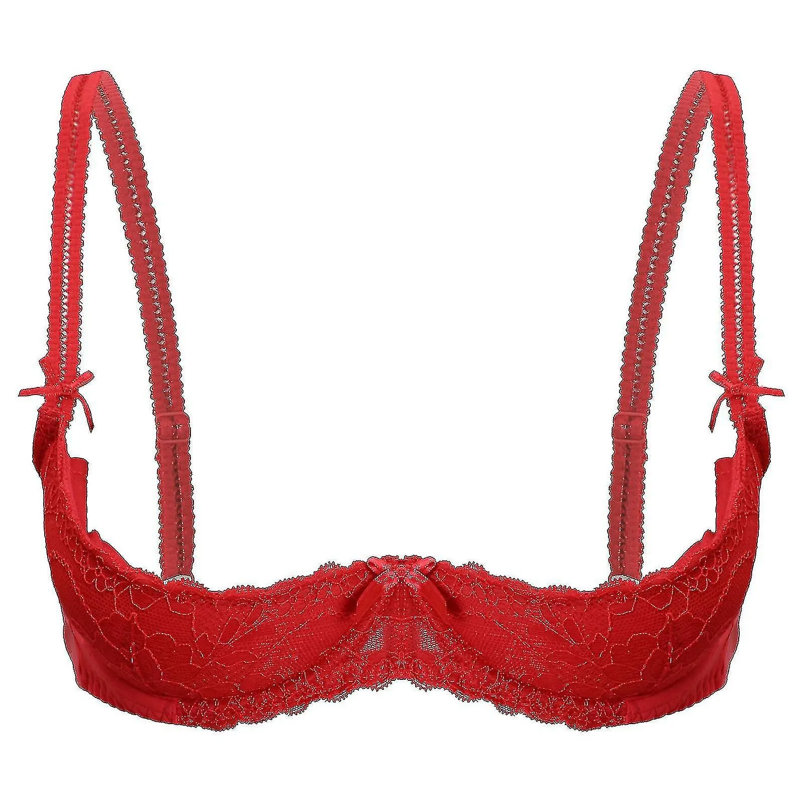 Mujer 1/2 taza empujar hacia arriba con aros encaje sujetador lencería abierto pecho copa sujetador tops correa ajustable esponj