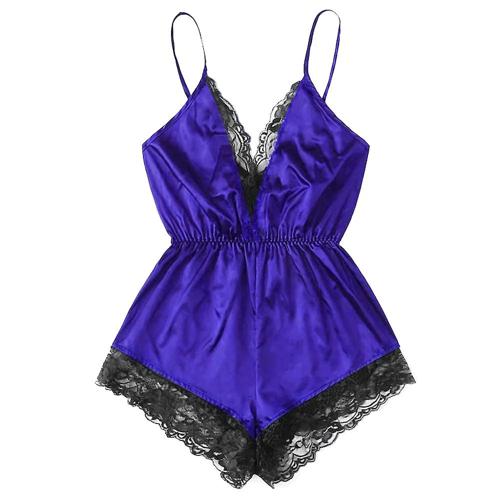 Mujer Lencería Sexy Teddy Romper Satén Encaje Bodysuit Pantalones Cortos Elástico Ropa de Noche Ropa de Dormir