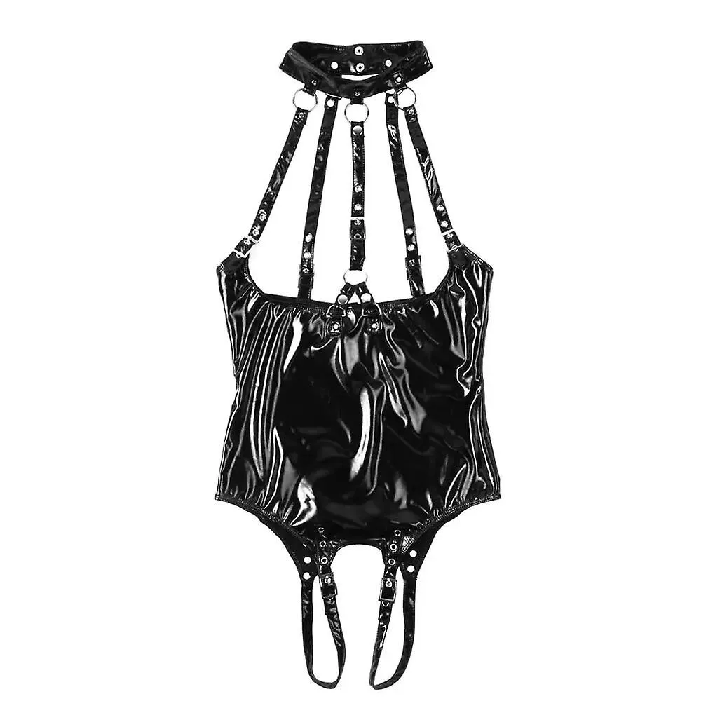 Mujer Wetlook Body De Charol Lencería Sexy Cuello Halter Pecho Desnudo Sin Entrepierna Hebilla Ajustable Leotardo Femme De Una P