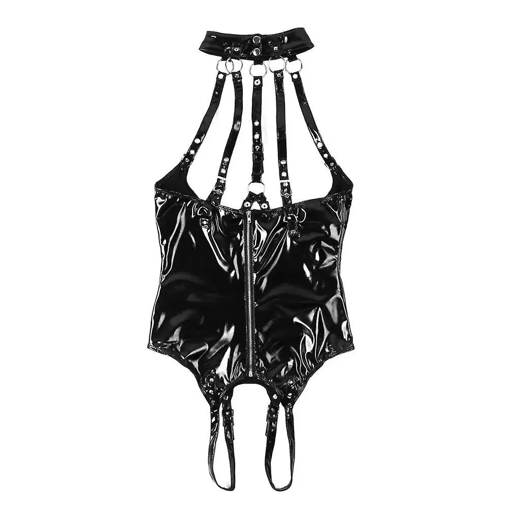 Mujer Wetlook Body De Charol Lencería Sexy Cuello Halter Pecho Desnudo Sin Entrepierna Hebilla Ajustable Leotardo Femme De Una P