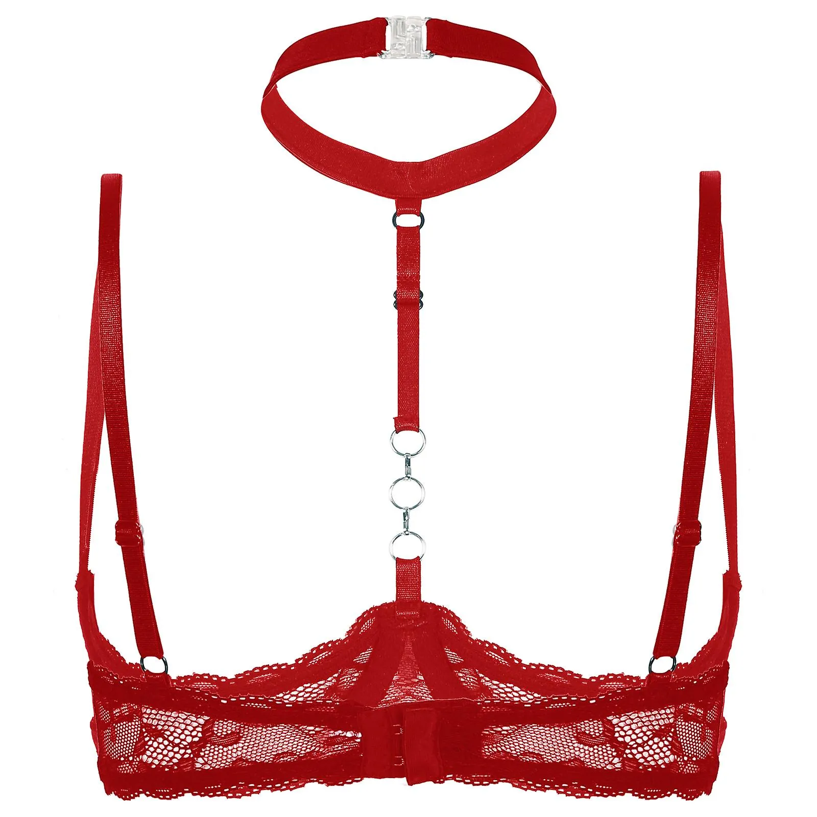 Otwoo Lencería Mujer Pecho Copa Abierta Bra Transparente Encaje Floral Underwired Unfored Sexy Bras Tops Halter Bare Breast Unde