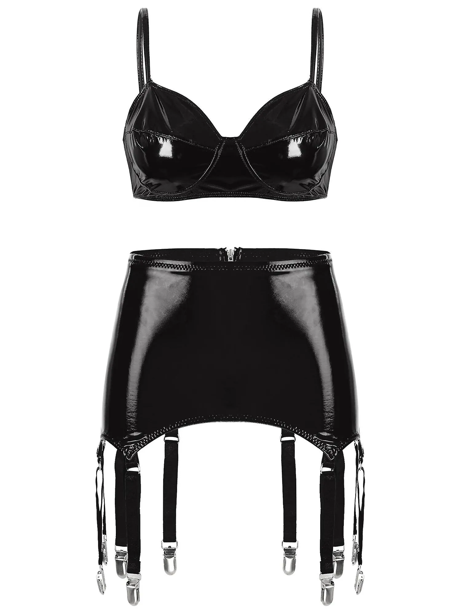 Otwoo Mujer 2 Piezas Rave Outfits Conjunto de Lencería de Charol Crop Top Nocturno con Tangas Incorporadas Minifalda Con Volante