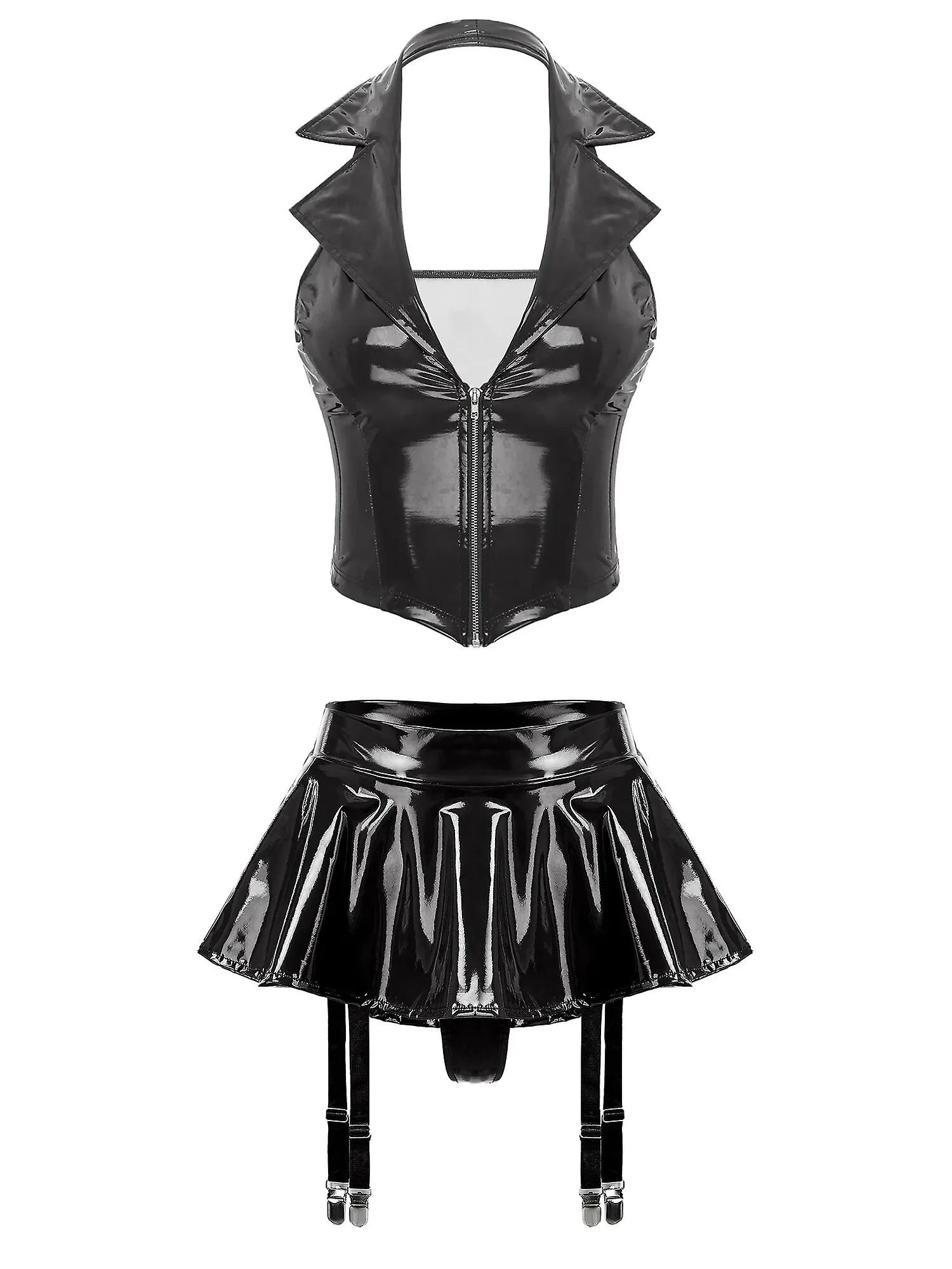 Otwoo Mujer 2 Piezas Rave Outfits Conjunto de Lencería de Charol Crop Top Nocturno con Tangas Incorporadas Minifalda Con Volante
