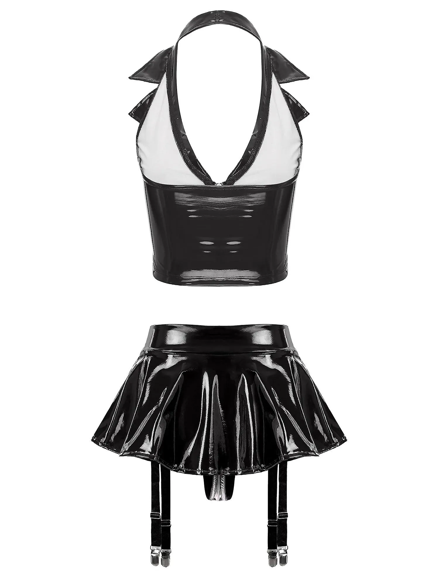 Otwoo Mujer 2 Piezas Rave Outfits Conjunto de Lencería de Charol Crop Top Nocturno con Tangas Incorporadas Minifalda Con Volante