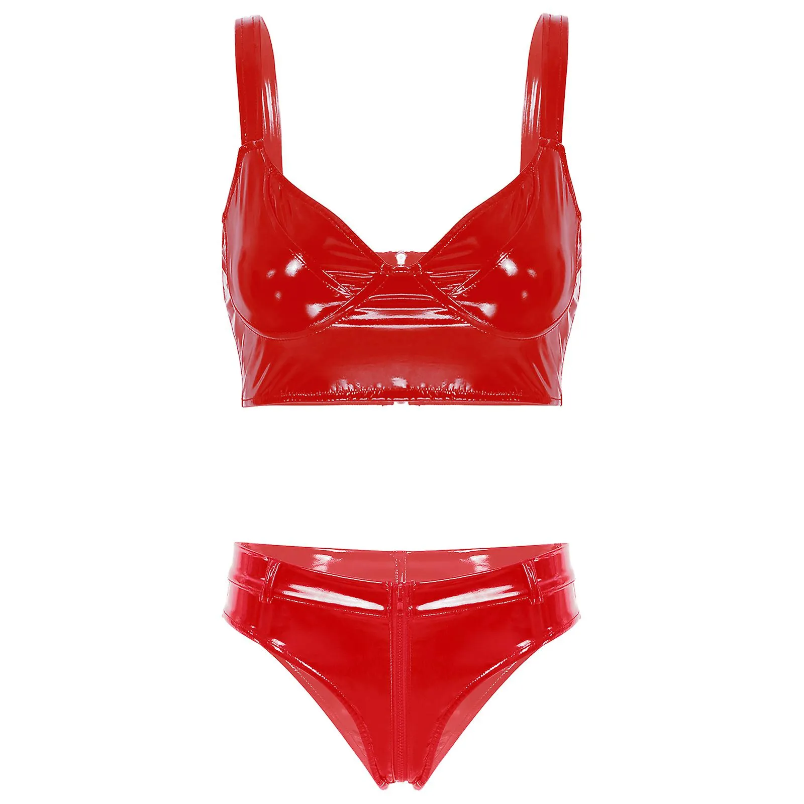 Otwoo Mujer Wet Look Charol Clubwear Sexy Intimates Lencería Underwear Set Wireless Bra Top con calzoncillos de cremallera delan