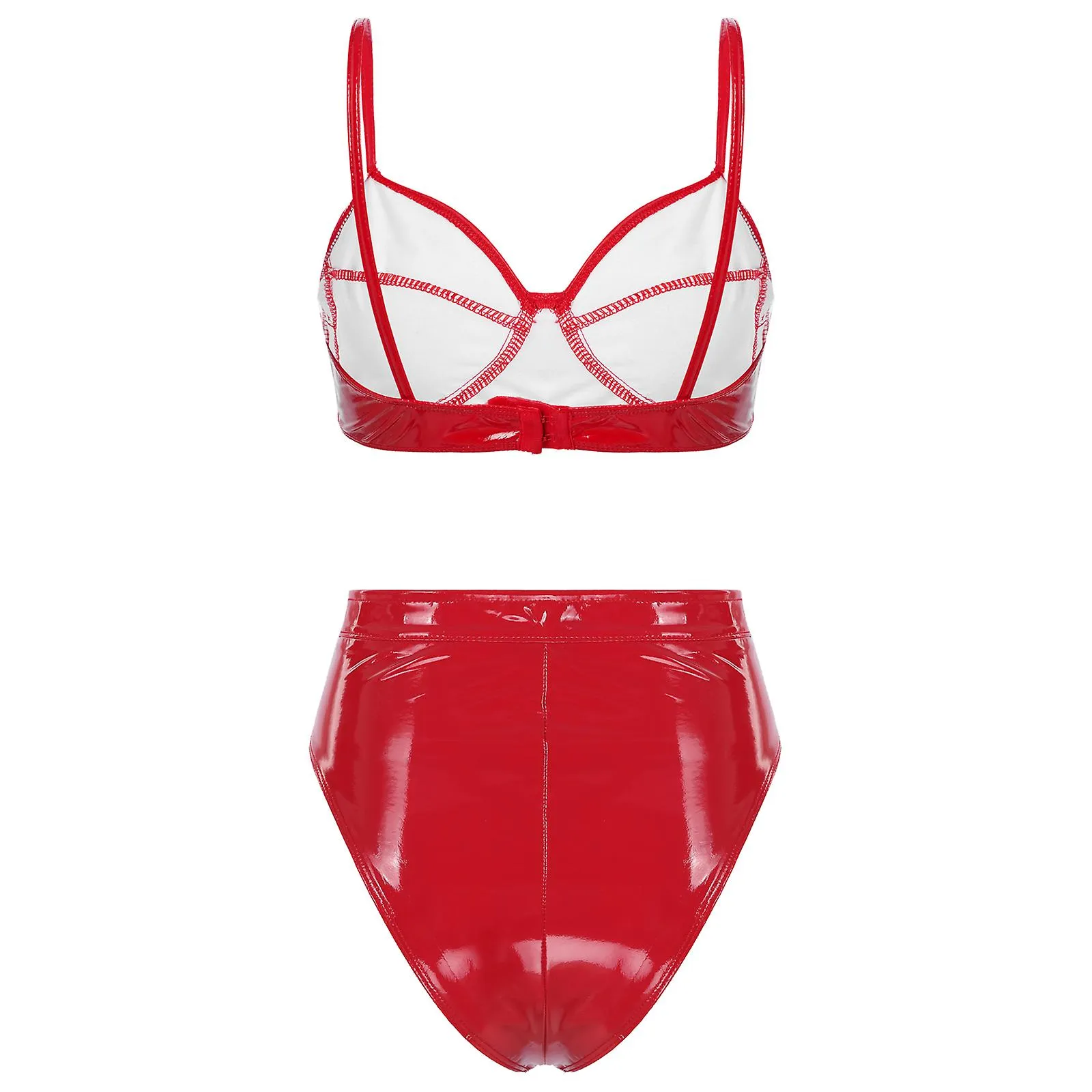 Otwoo Mujer Wet Look Charol Clubwear Sexy Intimates Lencería Underwear Set Wireless Bra Top con calzoncillos de cremallera delan
