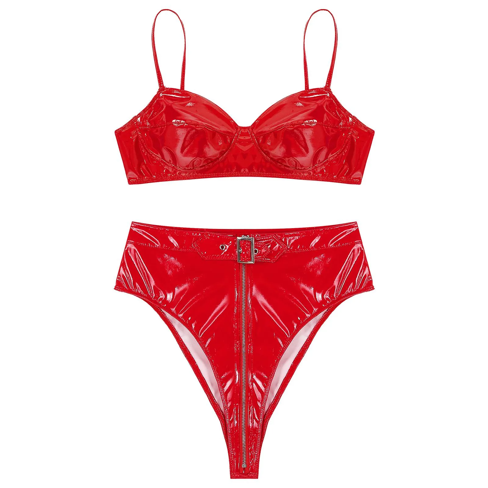 Otwoo Mujer Wet Look Charol Clubwear Sexy Intimates Lencería Underwear Set Wireless Bra Top con calzoncillos de cremallera delan