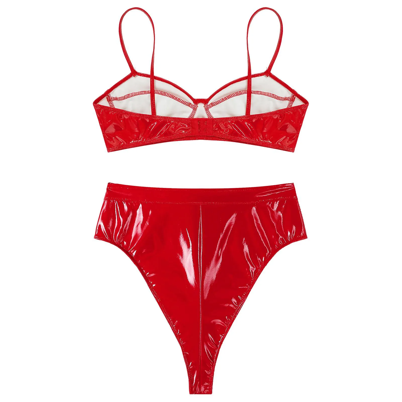 Otwoo Mujer Wet Look Charol Clubwear Sexy Intimates Lencería Underwear Set Wireless Bra Top con calzoncillos de cremallera delan