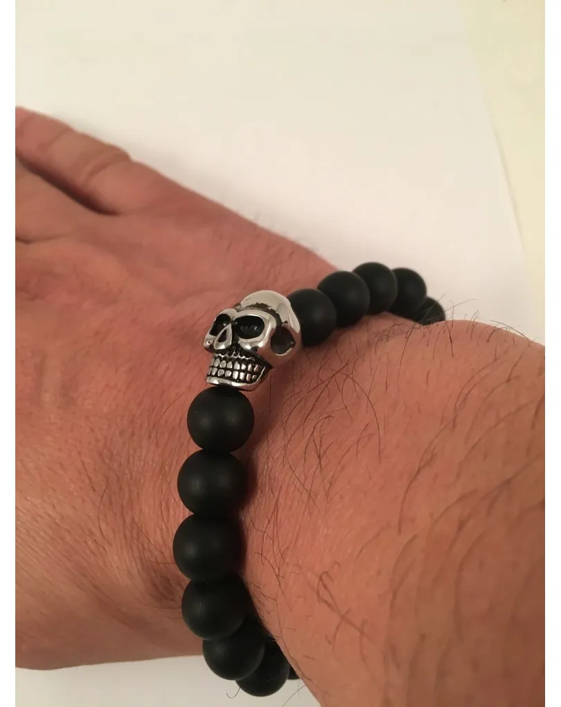 PULSERAS DE HOMBRE DE BOLAS NEGRAS CON CALAVERA
