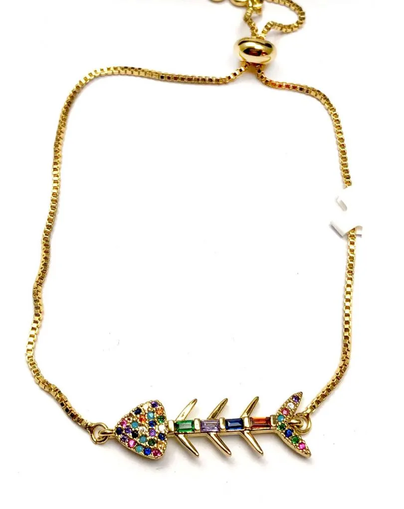 PULSERAS DORADAS CON GRACIOSA RASPA DE PESCADO MULTICOLOR