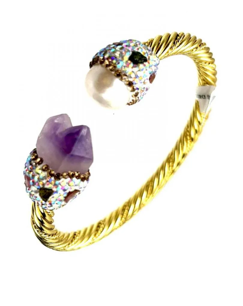 PULSERAS DORADAS DECORADAS CON PERLA Y PIEDRA AMATISTA