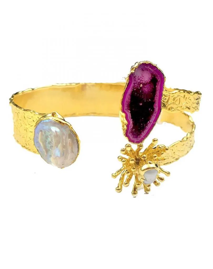 PULSERAS MUJER DORADAS CON PERLAS Y PIEDRA BUGAMBILIA