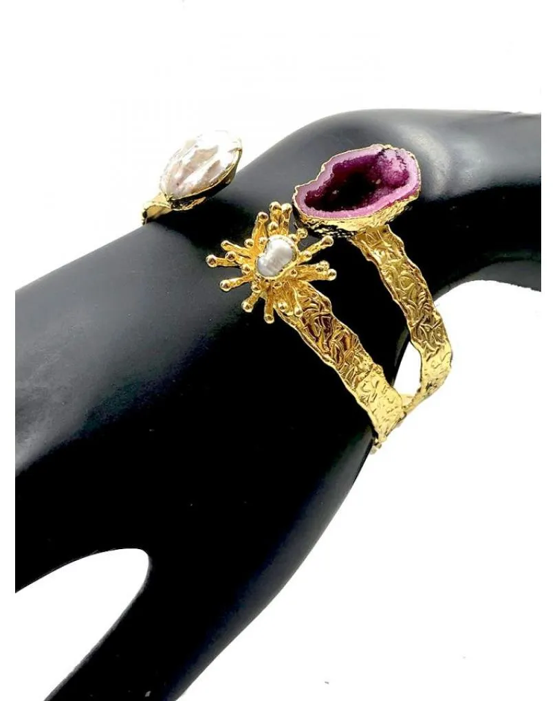 PULSERAS MUJER DORADAS CON PERLAS Y PIEDRA BUGAMBILIA