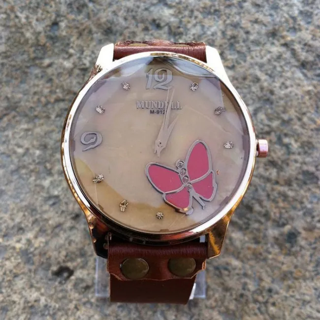 Retro Cowhide Leather Butterfly Diamond Black Brown Student Watch