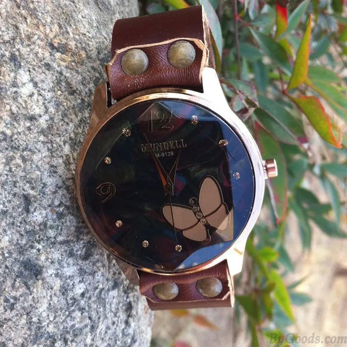 Retro Cowhide Leather Butterfly Diamond Black Brown Student Watch