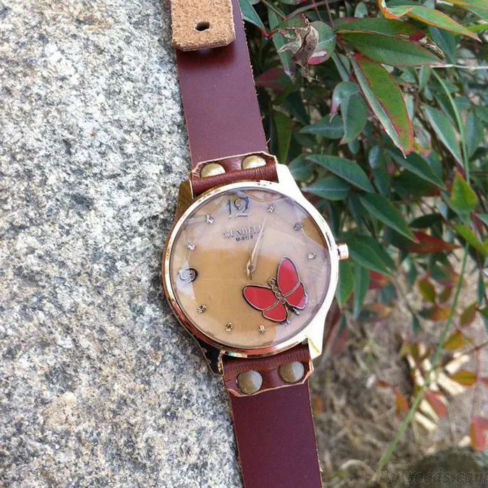 Retro Cowhide Leather Butterfly Diamond Black Brown Student Watch