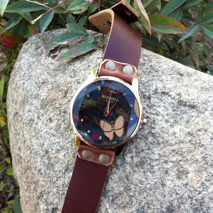 Retro Cowhide Leather Butterfly Diamond Black Brown Student Watch