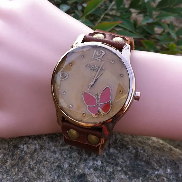 Retro Cowhide Leather Butterfly Diamond Black Brown Student Watch