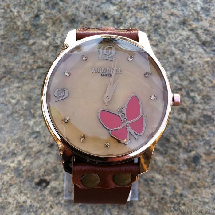 Retro Cowhide Leather Butterfly Diamond Black Brown Student Watch
