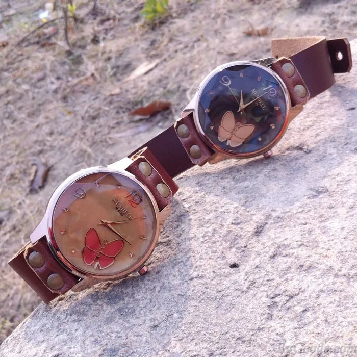 Retro Cowhide Leather Butterfly Diamond Black Brown Student Watch