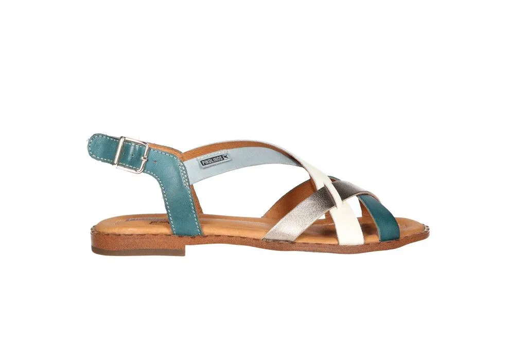 Sandalia Piel Azul Tiras Blanco/bronce