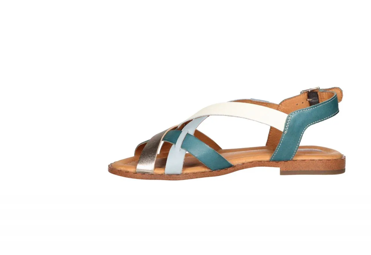 Sandalia Piel Azul Tiras Blanco/bronce
