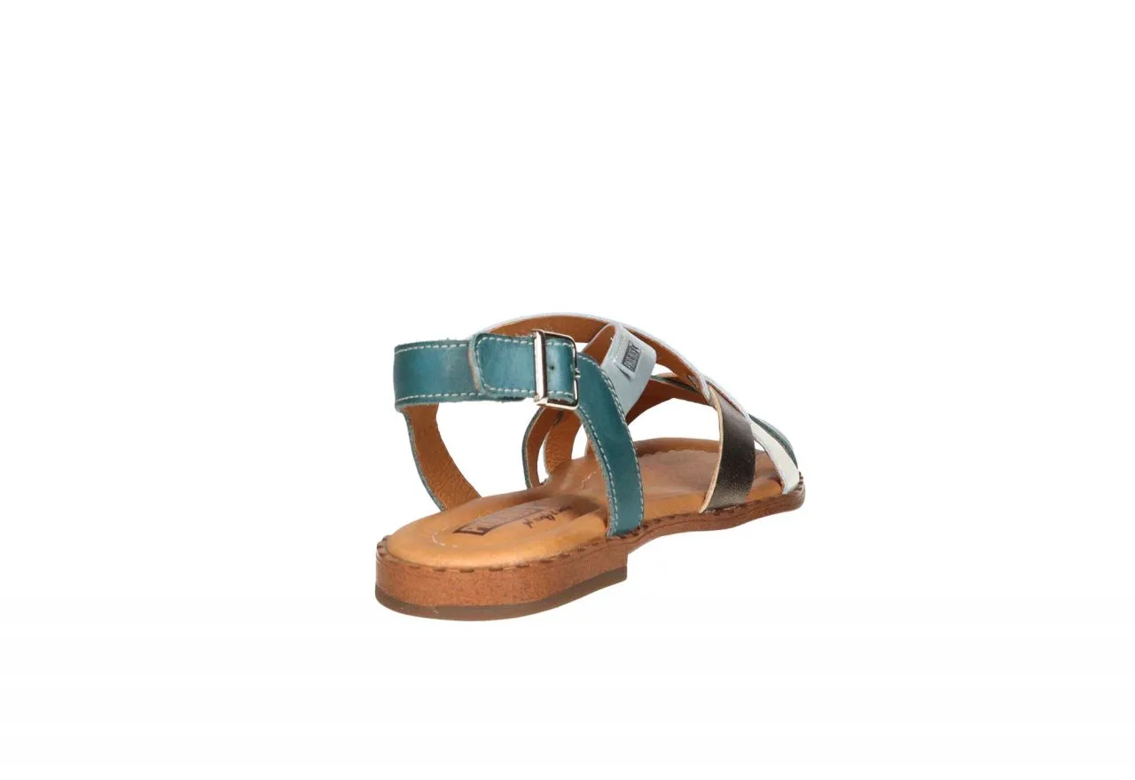 Sandalia Piel Azul Tiras Blanco/bronce