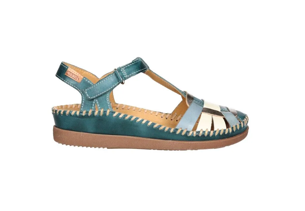 Sandalia Piel Azul Tiras Pala Cubierta Azul/beig/bronce