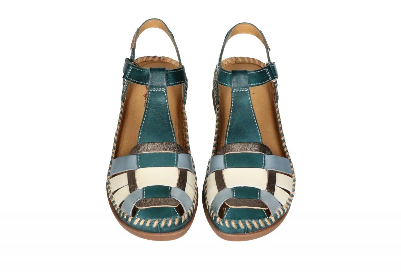 Sandalia Piel Azul Tiras Pala Cubierta Azul/beig/bronce