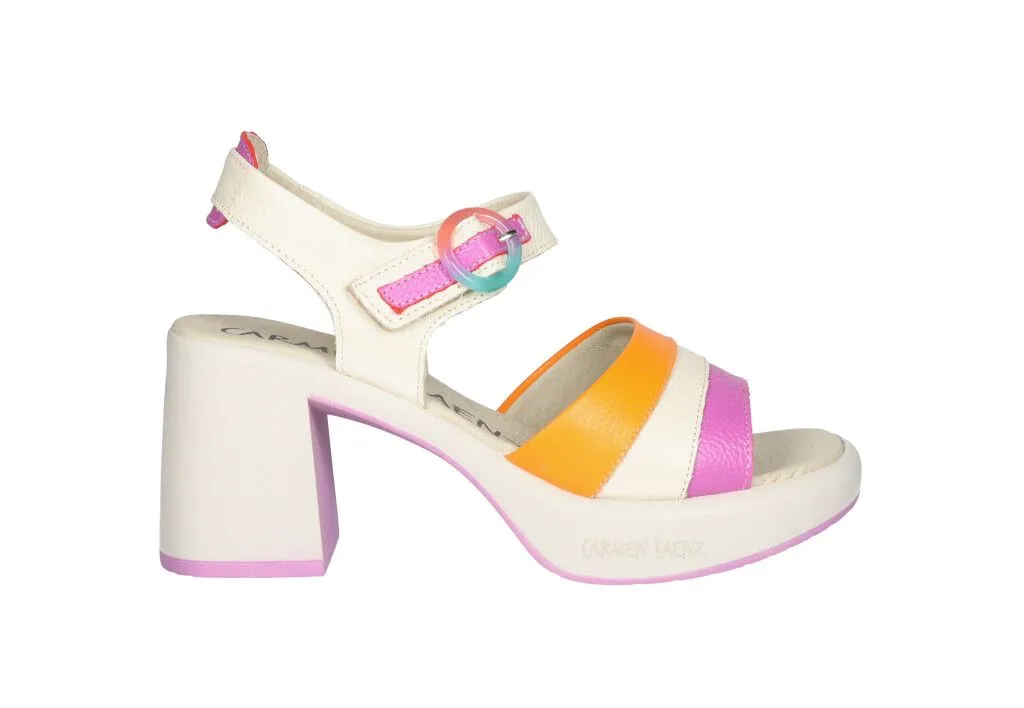 Sandalia Piel Beige Pala Tiras Violeta/beige/narana Tacon Alto
