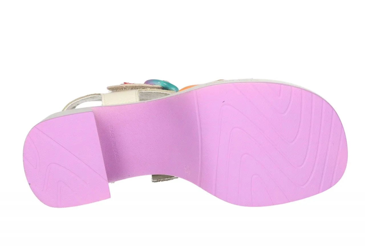 Sandalia Piel Beige Pala Tiras Violeta/beige/narana Tacon Alto