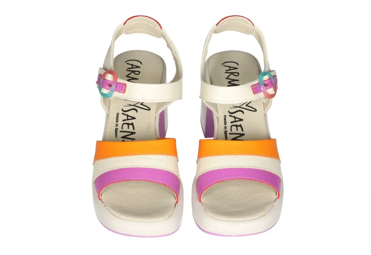Sandalia Piel Beige Pala Tiras Violeta/beige/narana Tacon Alto