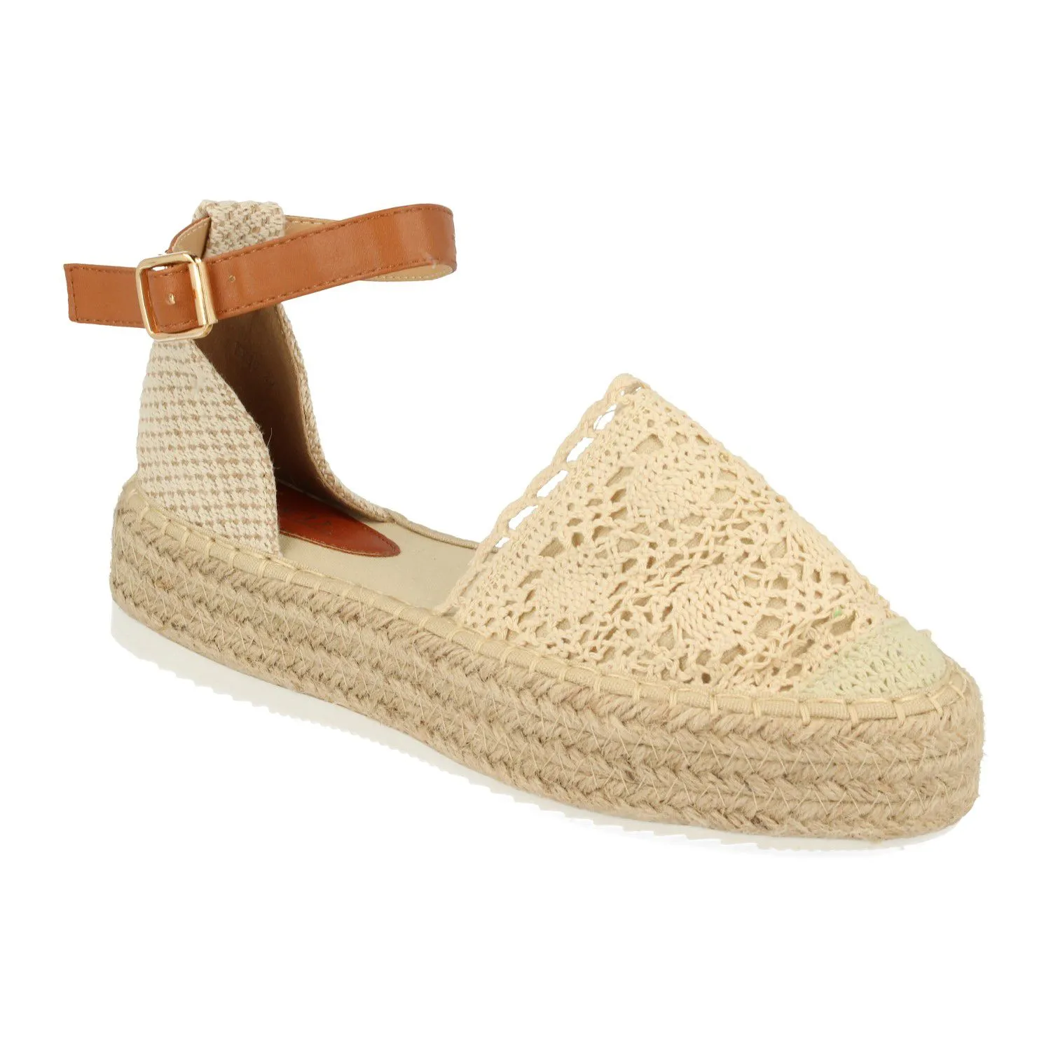 Sandalia plana diseño crochet mujer color beige