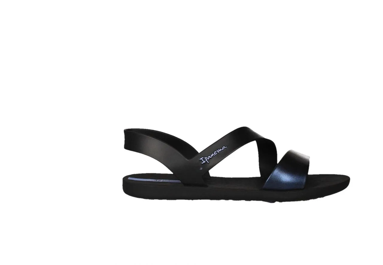 Sandalia Playa Negro Tira Metalizada Azul