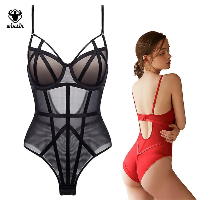 Sexy Bodysuit Femenino Lencería Encaje Sexy Perspectiva de una pieza Push Up Shapewear Ladies Bra Set Fashion Lace Up Large Size