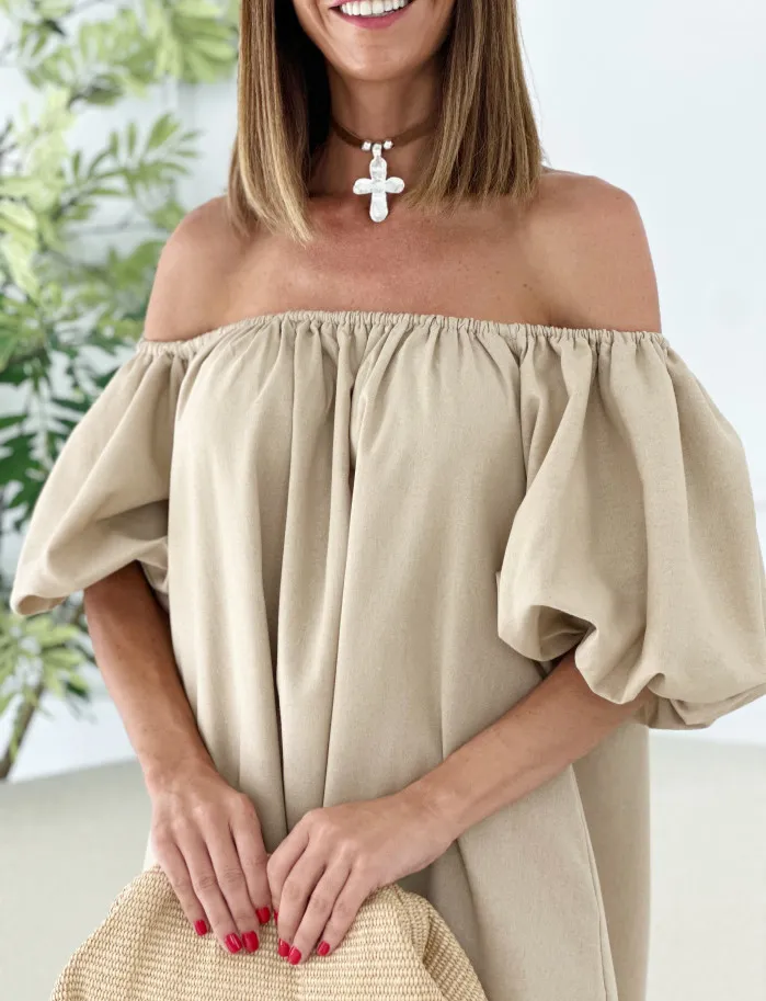 Vestido bardot lino camel
