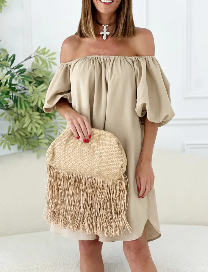 Vestido bardot lino camel