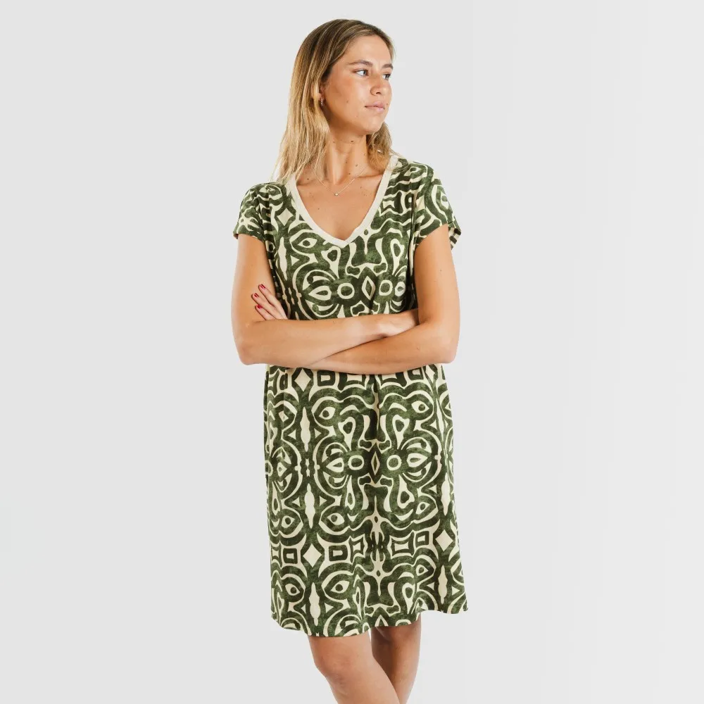 Vestido corto manga fluida crepe Premura verde caceria