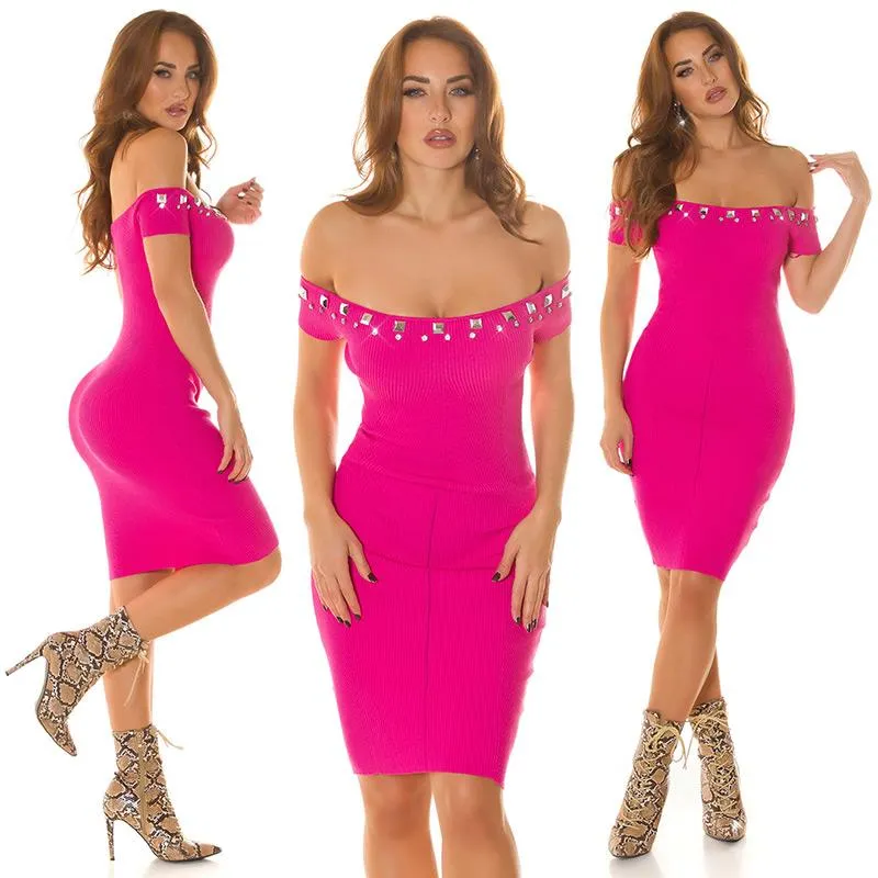 Vestido punto hombros descubiertos rosa