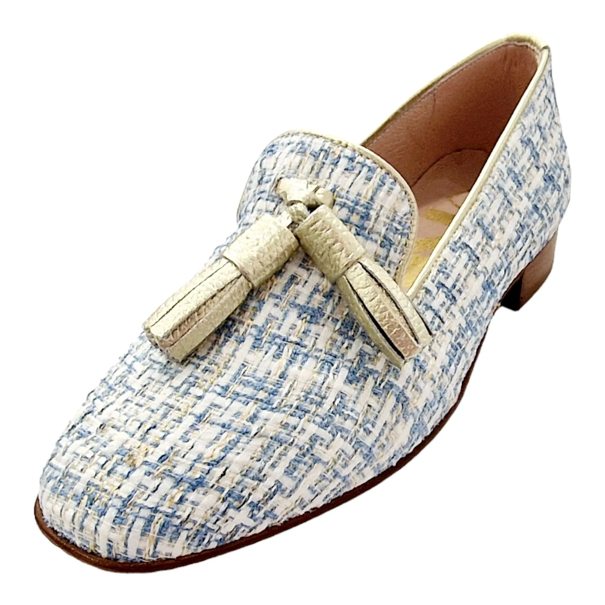 ZAPATOS MOCASÍN MUJER CON BORLAS TACÓN BAJO AZUL