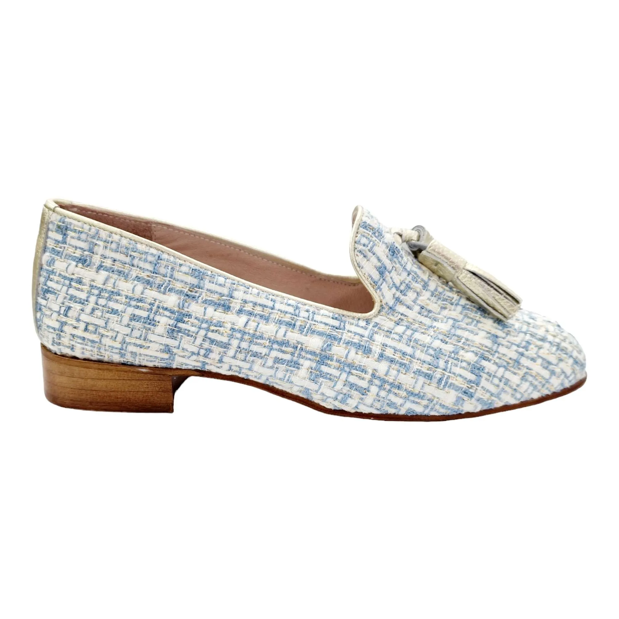 ZAPATOS MOCASÍN MUJER CON BORLAS TACÓN BAJO AZUL